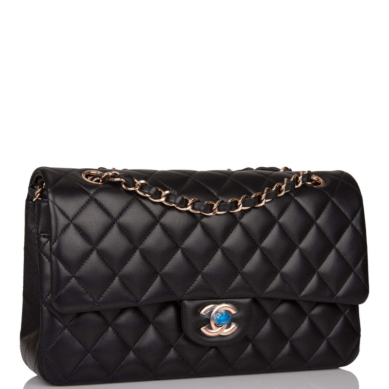 Chanel Medium Classic Double Flap Bag Black Quilted Lambskin Rose Gold Hardware