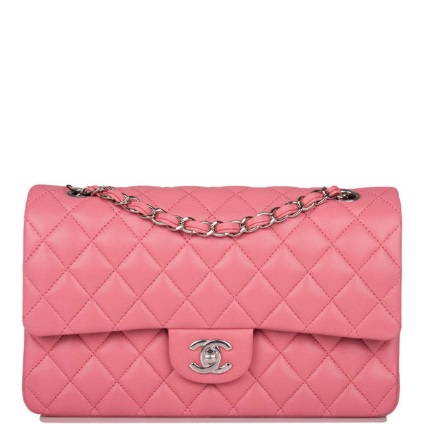 Chanel  Medium Classic Double Flap Bag Rose Quilted Lambskin Silver Hardware