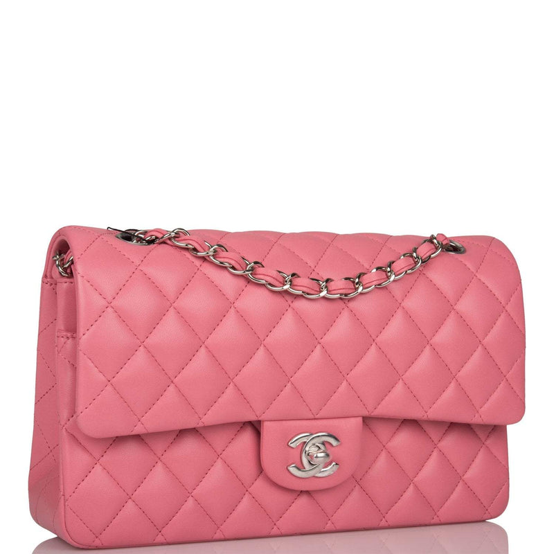 Chanel  Medium Classic Double Flap Bag Rose Quilted Lambskin Silver Hardware