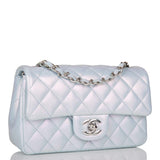 Chanel Mini Rectangular Flap Bag Blue Iridescent Lambskin Silver Hardware