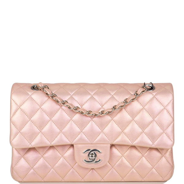 Chanel  Medium Classic Double Flap Bag Pink Iridescent Lambskin Silver Hardware