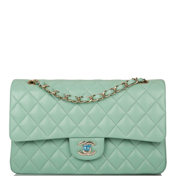 Chanel Light Green Quilted Lambskin Medium Classic Double Flap Bag Light Gold Hardware