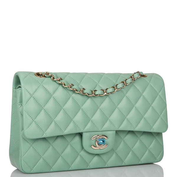 Chanel Light Green Quilted Lambskin Medium Classic Double Flap Bag Light Gold Hardware