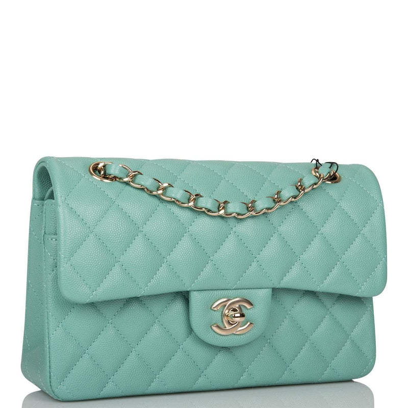 Chanel Light Green Quilted Caviar Small Classic Double Flap Bag Light Gold Hardware