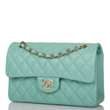 Chanel Light Green Quilted Caviar Small Classic Double Flap Bag Light Gold Hardware