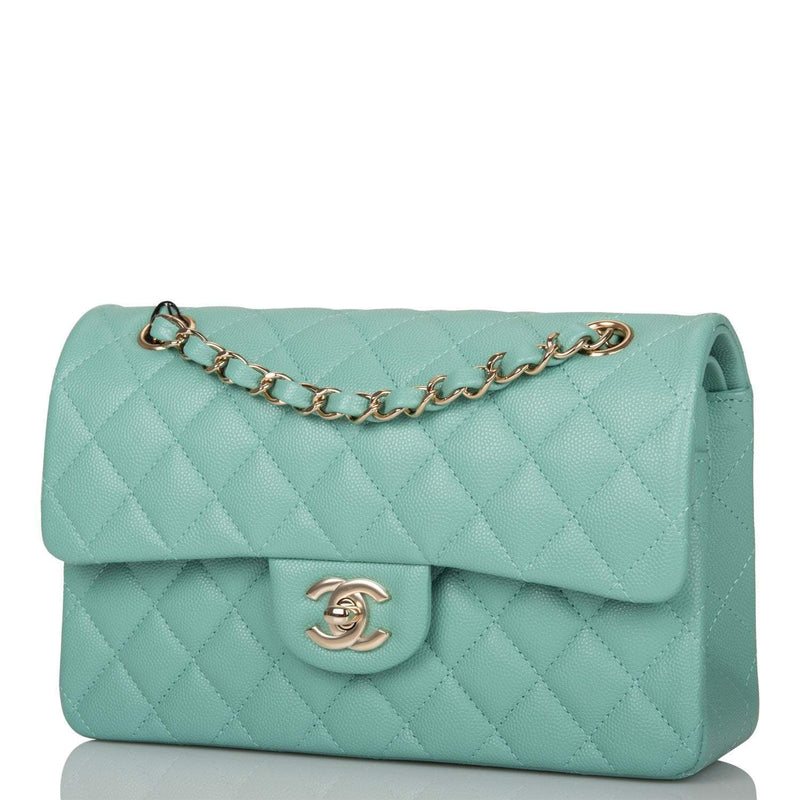 Chanel Light Green Quilted Caviar Small Classic Double Flap Bag Light Gold Hardware