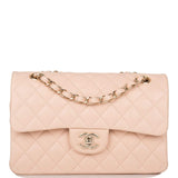 Chanel Beige Quilted Lambskin Small Classic Double Flap Bag Light Gold Hardware