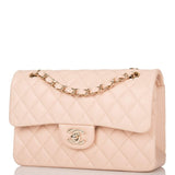 Chanel Beige Quilted Lambskin Small Classic Double Flap Bag Light Gold Hardware