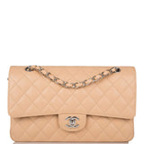 Chanel Beige Quilted Caviar Medium Classic Double Flap Bag Silver Hardware