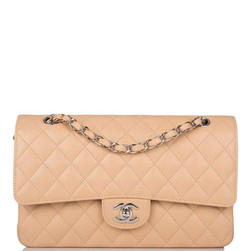 Chanel Beige Quilted Caviar Medium Classic Double Flap Bag Silver Hardware