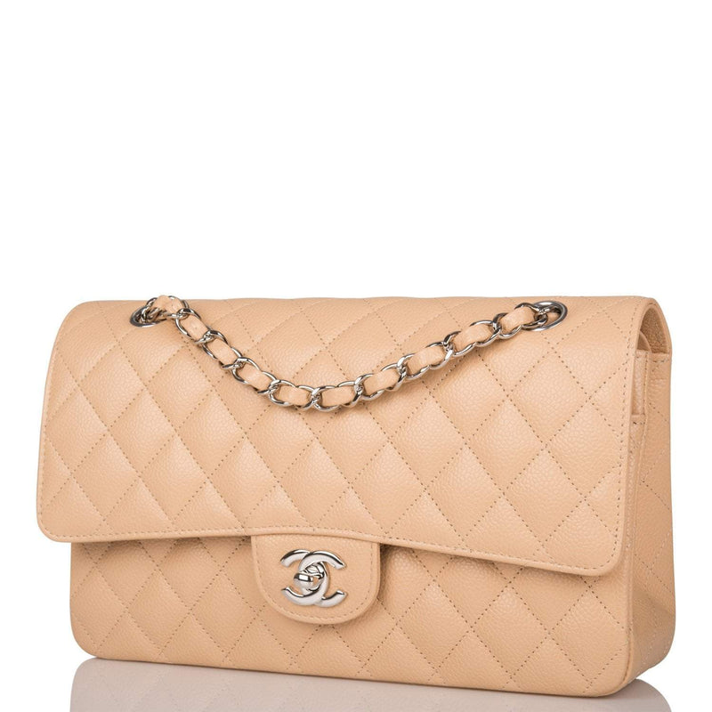 Chanel Beige Quilted Caviar Medium Classic Double Flap Bag Silver Hardware