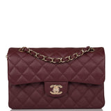 Chanel Burgundy Quilted Caviar Small Classic Double Flap Bag Light Gold Hardware