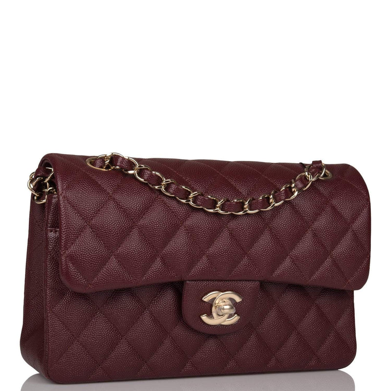 Chanel Burgundy Quilted Caviar Small Classic Double Flap Bag Light Gold Hardware