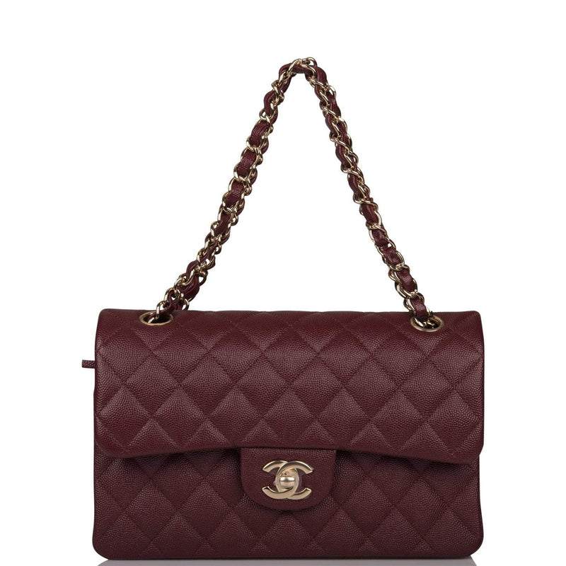 Chanel Burgundy Quilted Caviar Small Classic Double Flap Bag Light Gold Hardware