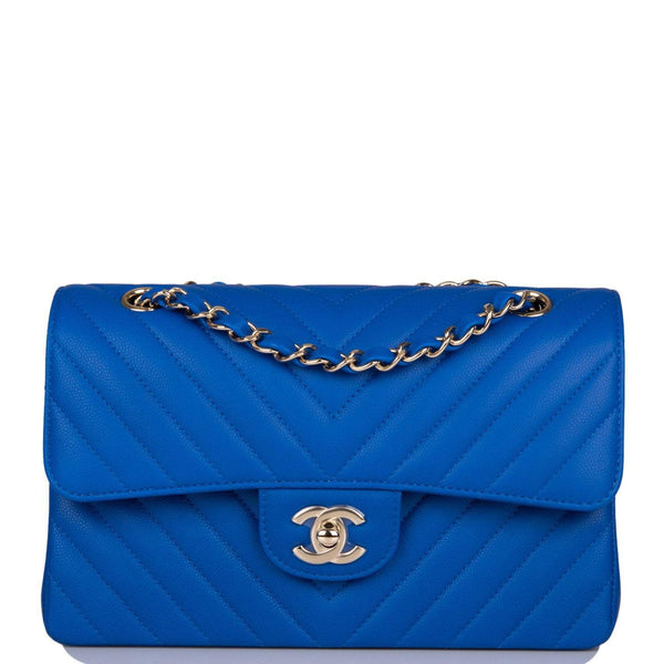 Chanel Blue Chevron Caviar Small Classic Double Flap Bag Light Gold Hardware