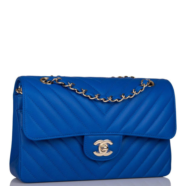 Chanel Blue Chevron Caviar Small Classic Double Flap Bag Light Gold Hardware