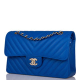 Chanel Blue Chevron Caviar Small Classic Double Flap Bag Light Gold Hardware