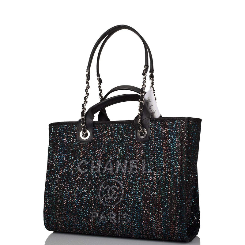 Chanel Black Canvas and Sequins Small Deauville Shopping Bag Silver Hardware