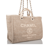 Chanel Beige Wool Large Deauville Shopping Bag Silver Hardware