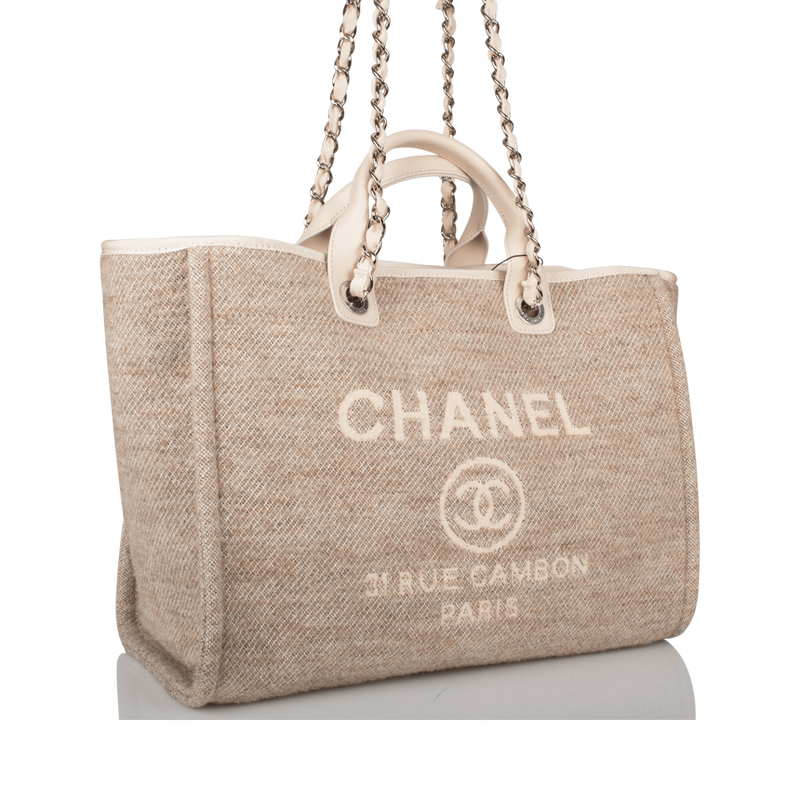 Chanel Beige Wool Large Deauville Shopping Bag Silver Hardware