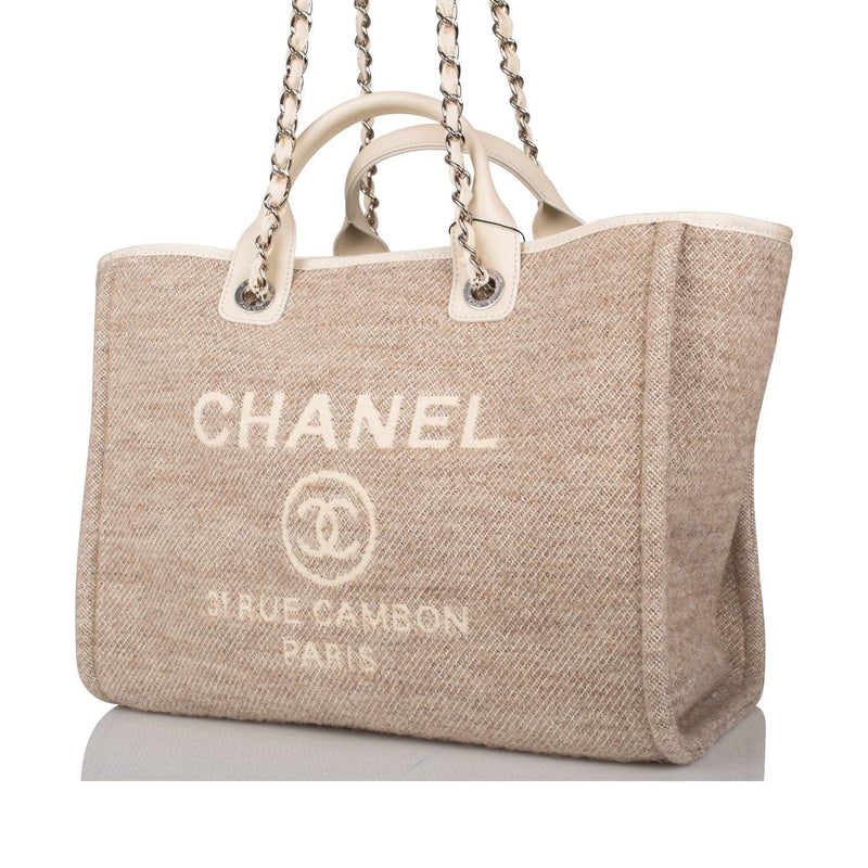 Chanel Beige Wool Large Deauville Shopping Bag Silver Hardware