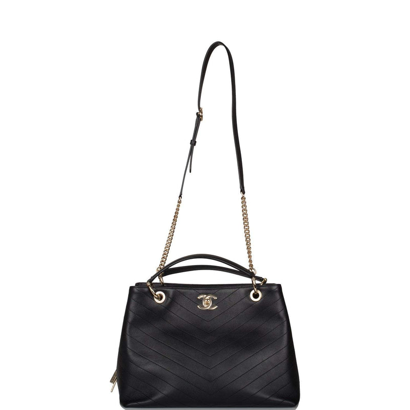 Chanel Black Calfskin Chevron Chic Tote Bag Light Gold Hardware