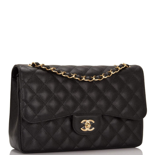 Chanel Black Quilted Caviar Jumbo Classic Double Flap Bag Gold Hardware