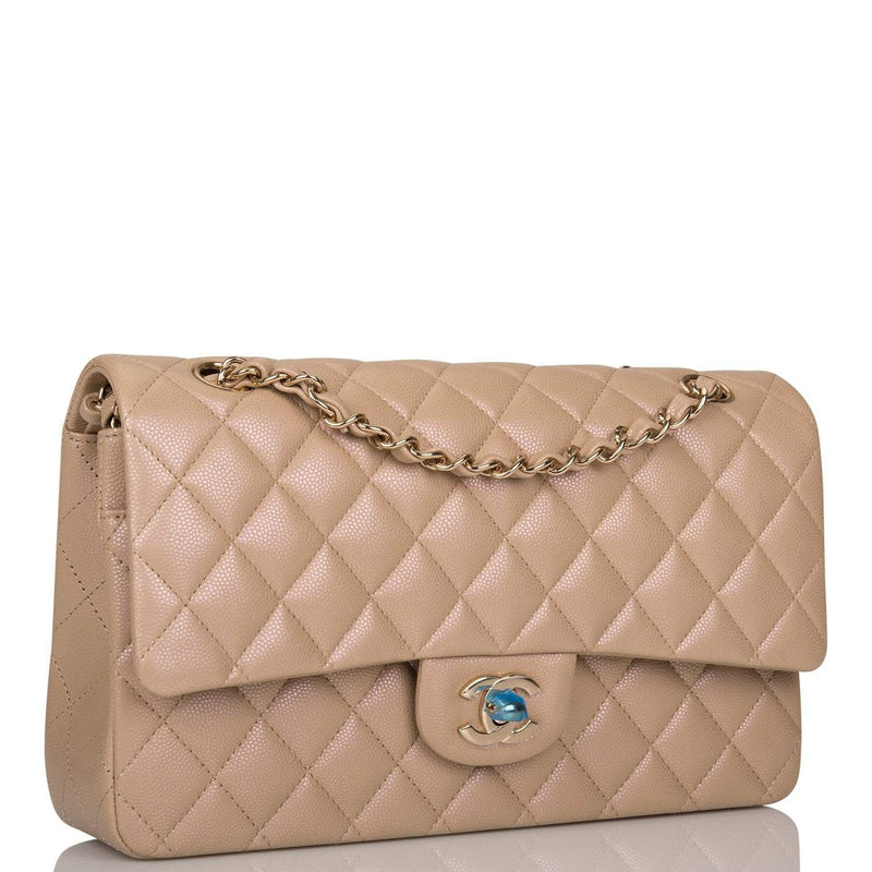 Chanel Dark Beige Iridescent Quilted Caviar Medium Classic Double Flap Bag Light Gold Hardware