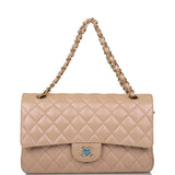 Chanel Dark Beige Iridescent Quilted Caviar Medium Classic Double Flap Bag Light Gold Hardware