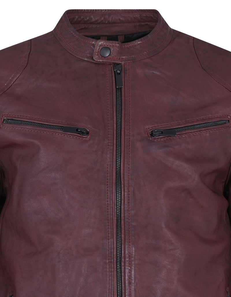 Maroon Plain Leather Biker Jacket - Xavier Hub