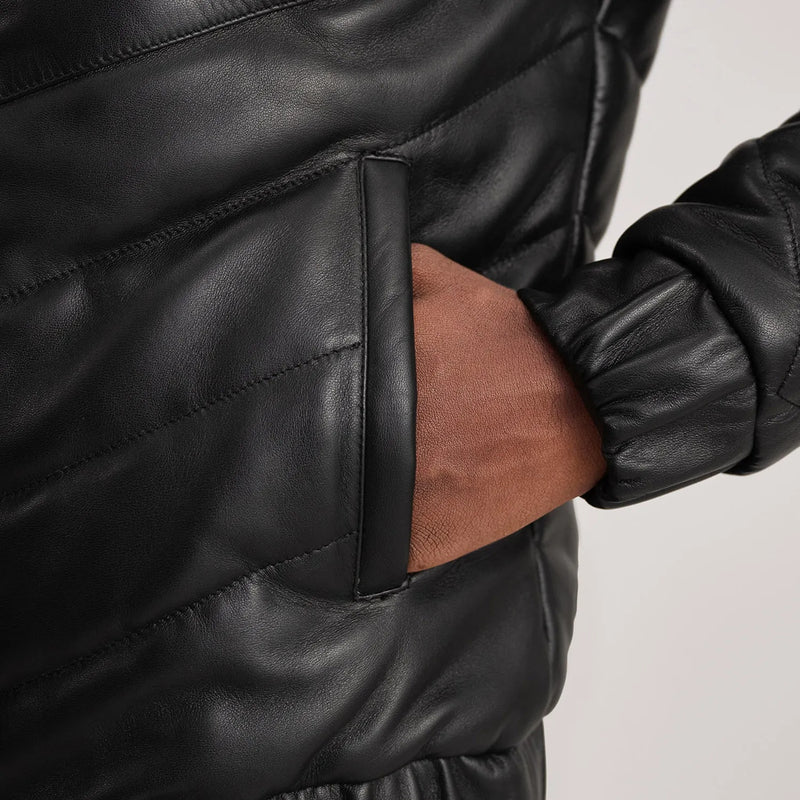 Travis Black Leather Puffer Jacket